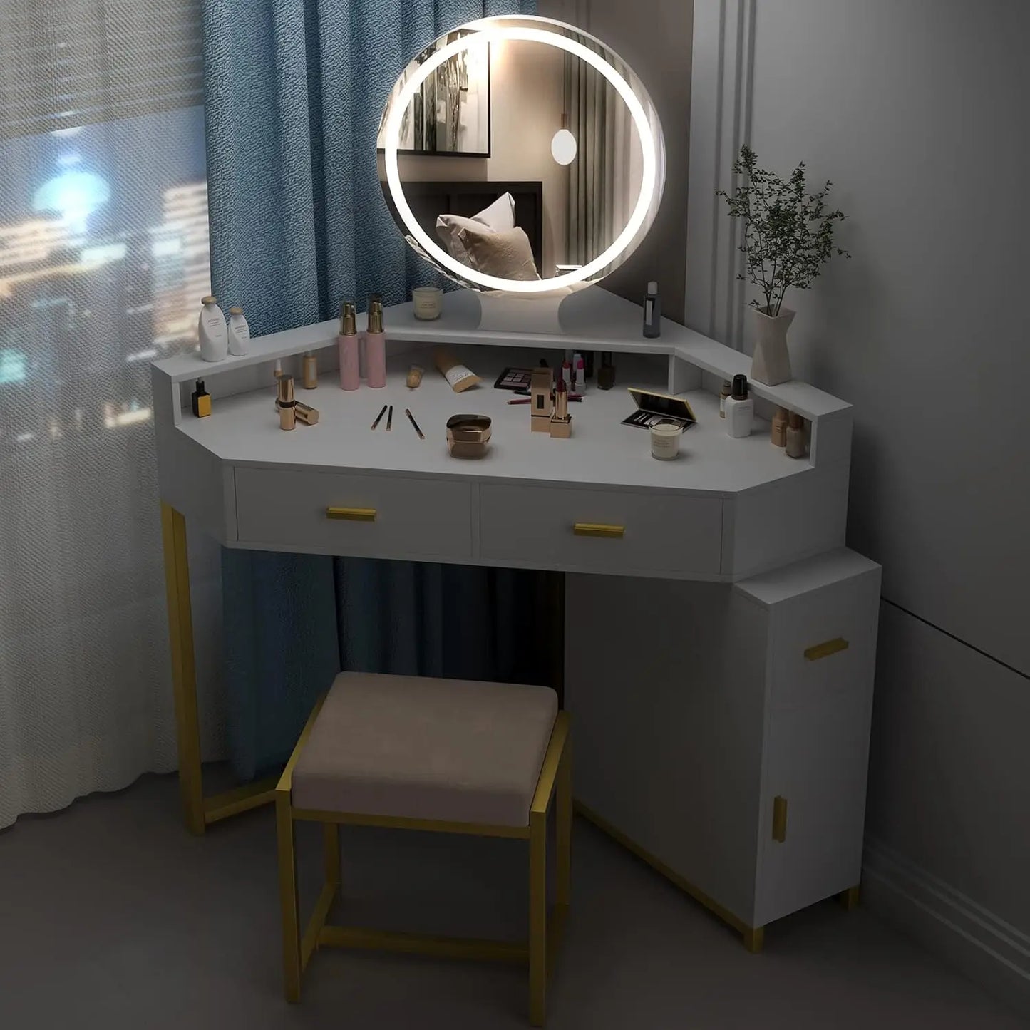 Vanity with Lighted Mirror, Drawers, Cabinet and Stool
Makeup Dressing Table with , , Girls Vanity De