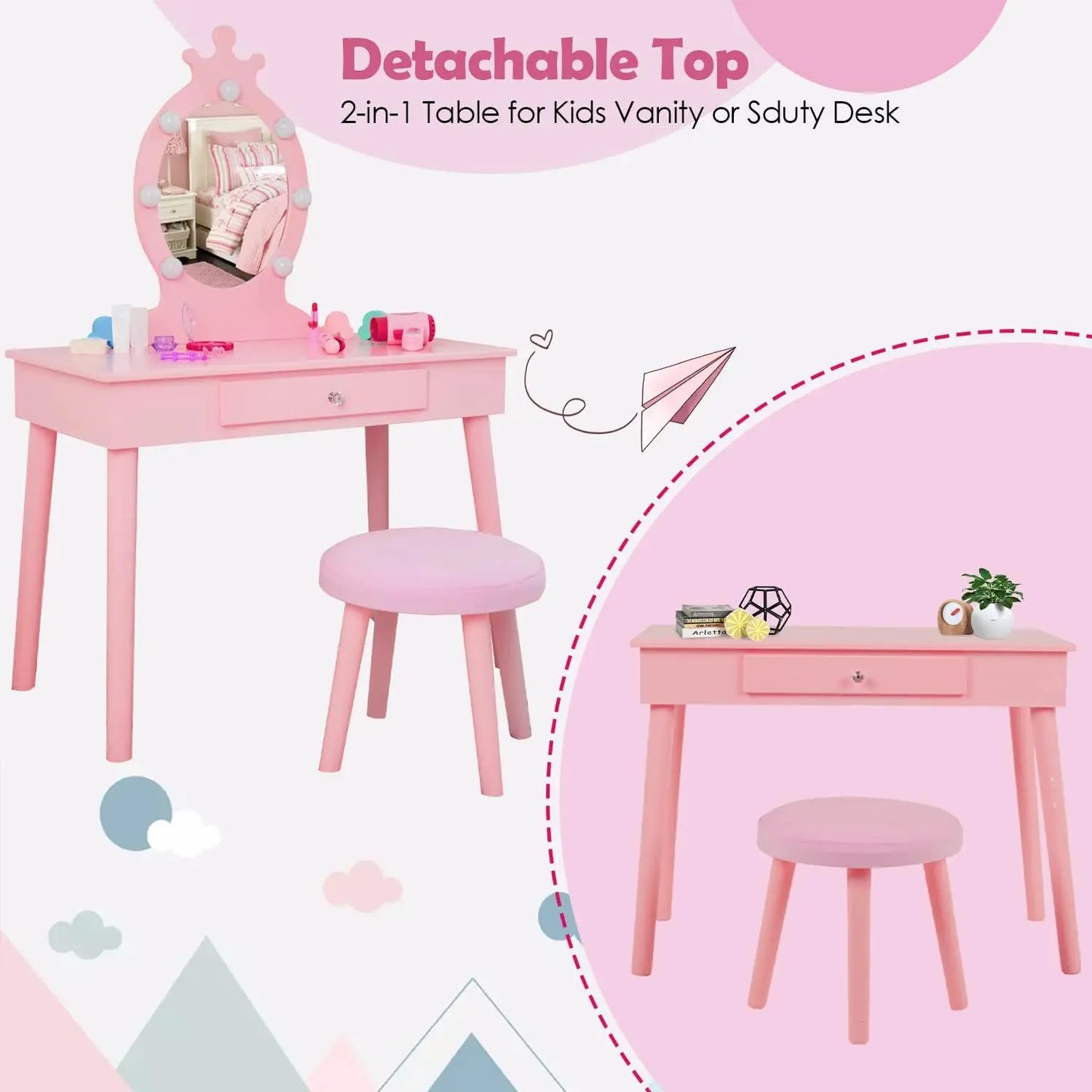 Brightness Adjustable, Toddler Vanity Makeup Table Set