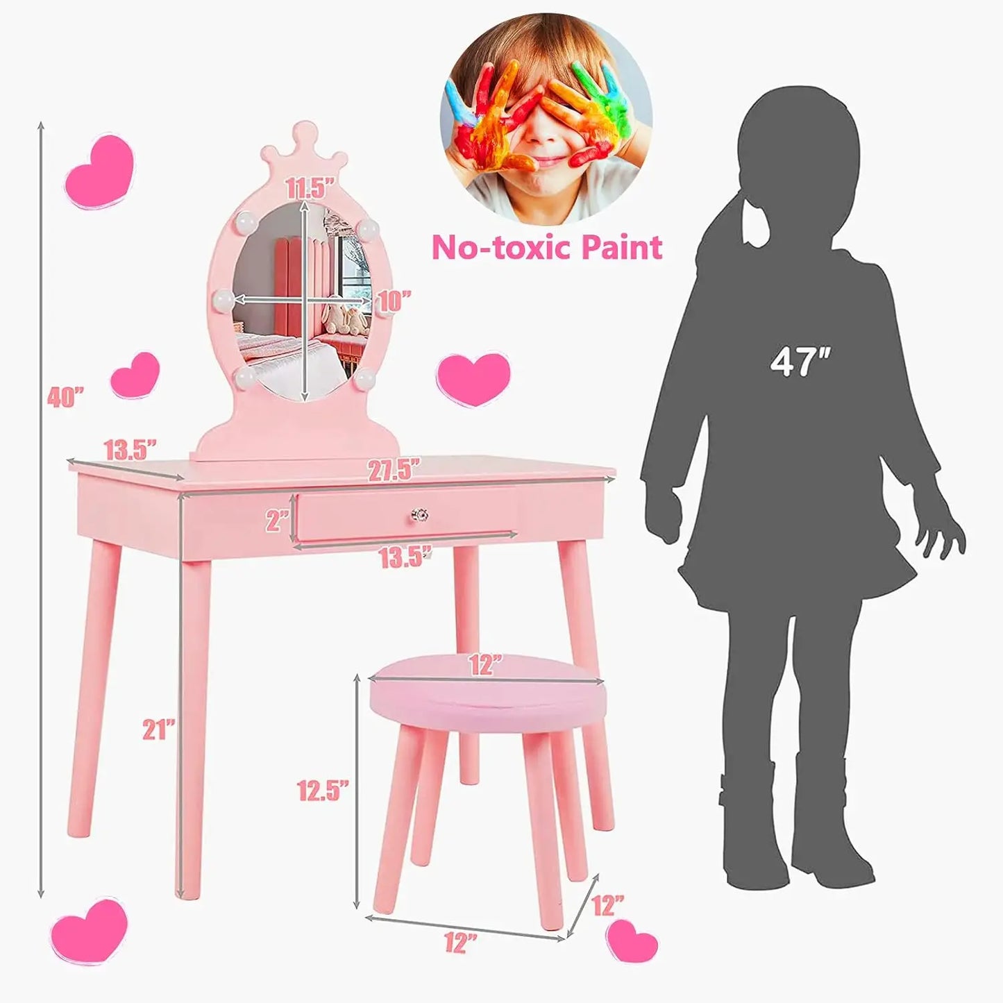 Brightness Adjustable, Toddler Vanity Makeup Table Set