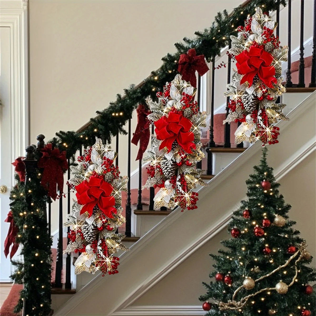 4Pcs Christmas Swag Wreaths Light up Stair Swags