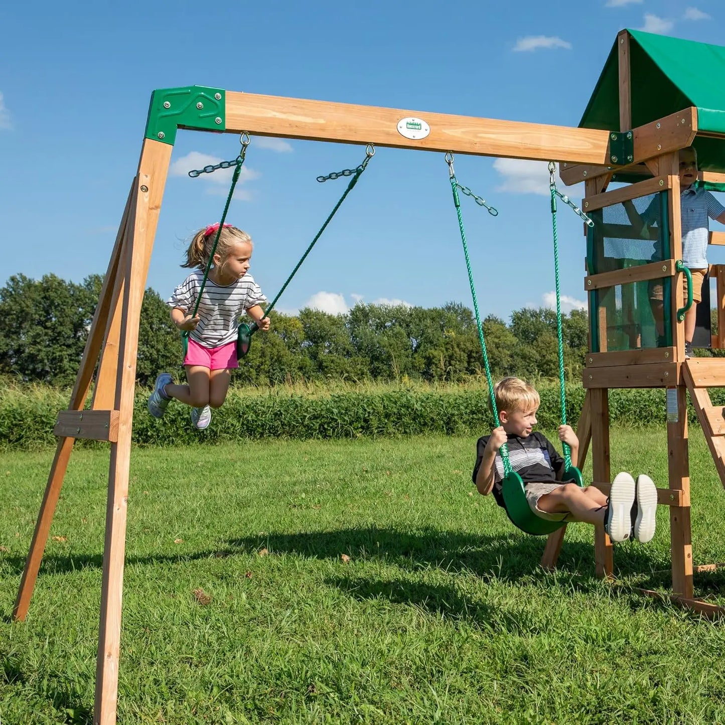 Younger Children Backyard Discovery Wooden Swing Set,
Made for Small Yards and Younger Children, Two Belt Swings