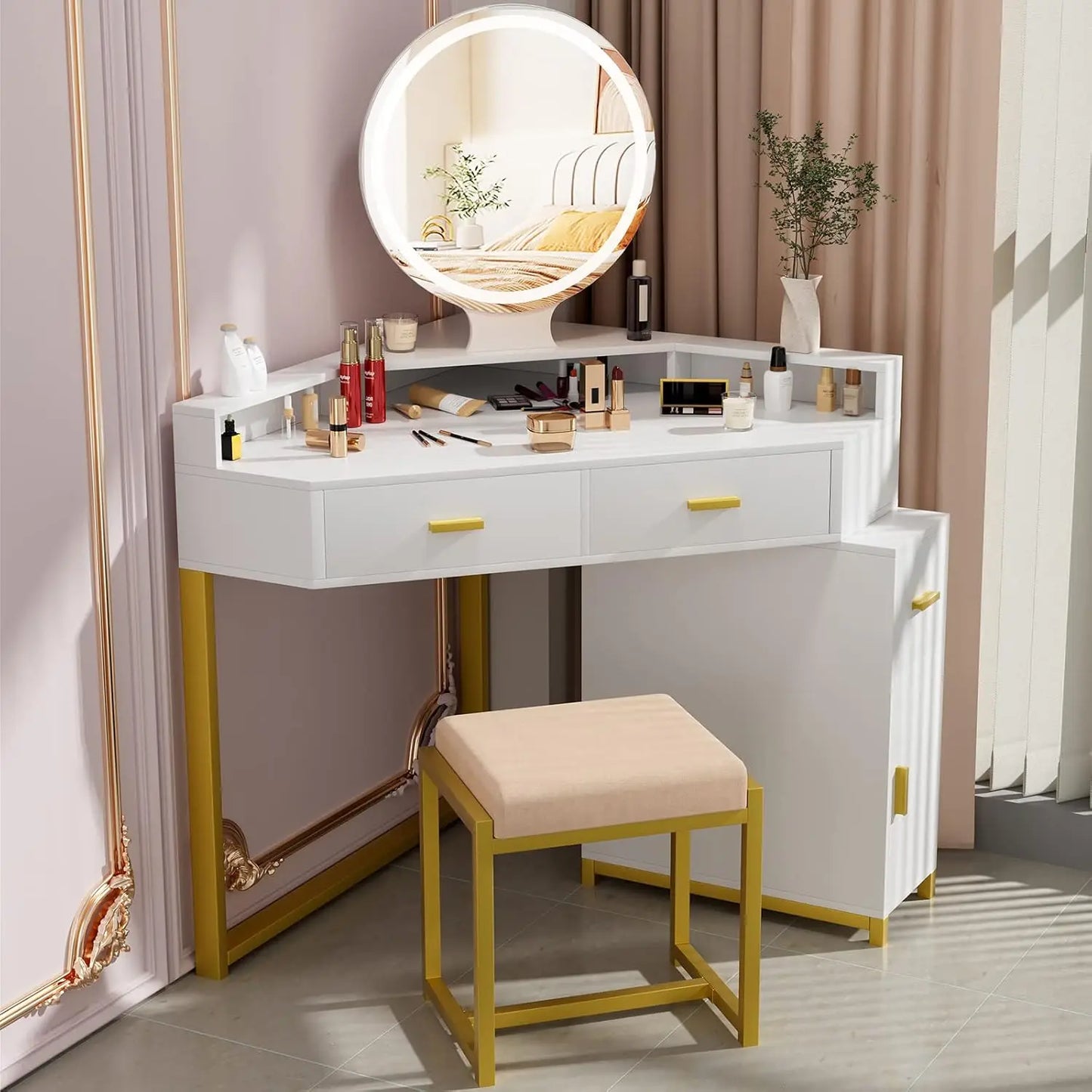 Vanity with Lighted Mirror, Drawers, Cabinet and Stool
Makeup Dressing Table with , , Girls Vanity De