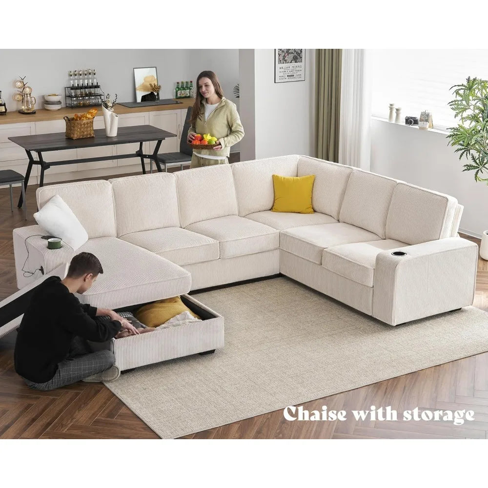 Beige Sectional Sofa Couch W/Storage Chaise Set