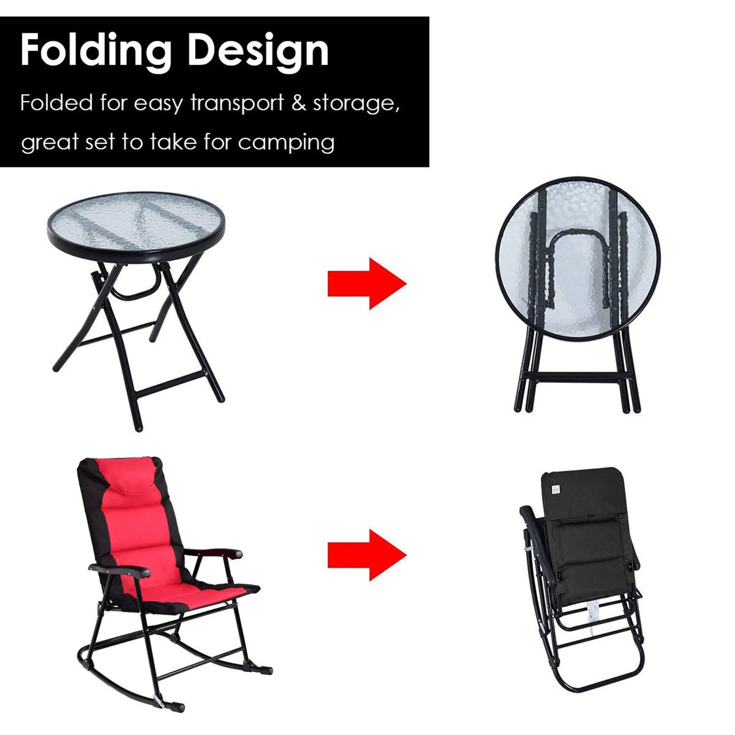 3pcs Outdoor/Patio Folding Rocking Chair, Table, Bistro Sets