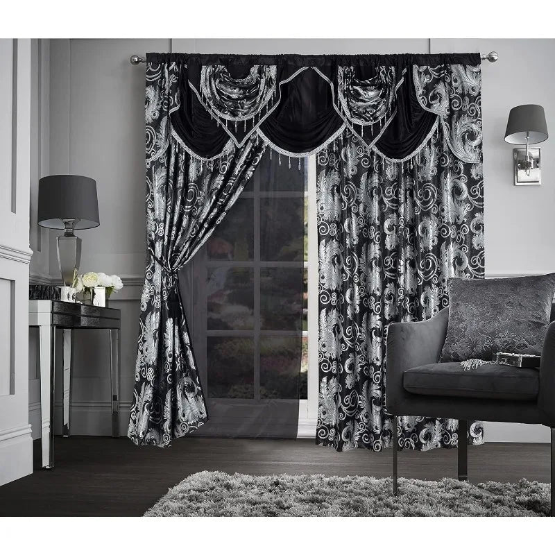 Jacquard Luxury Window 1 Panel Curtain W/Attached Valance