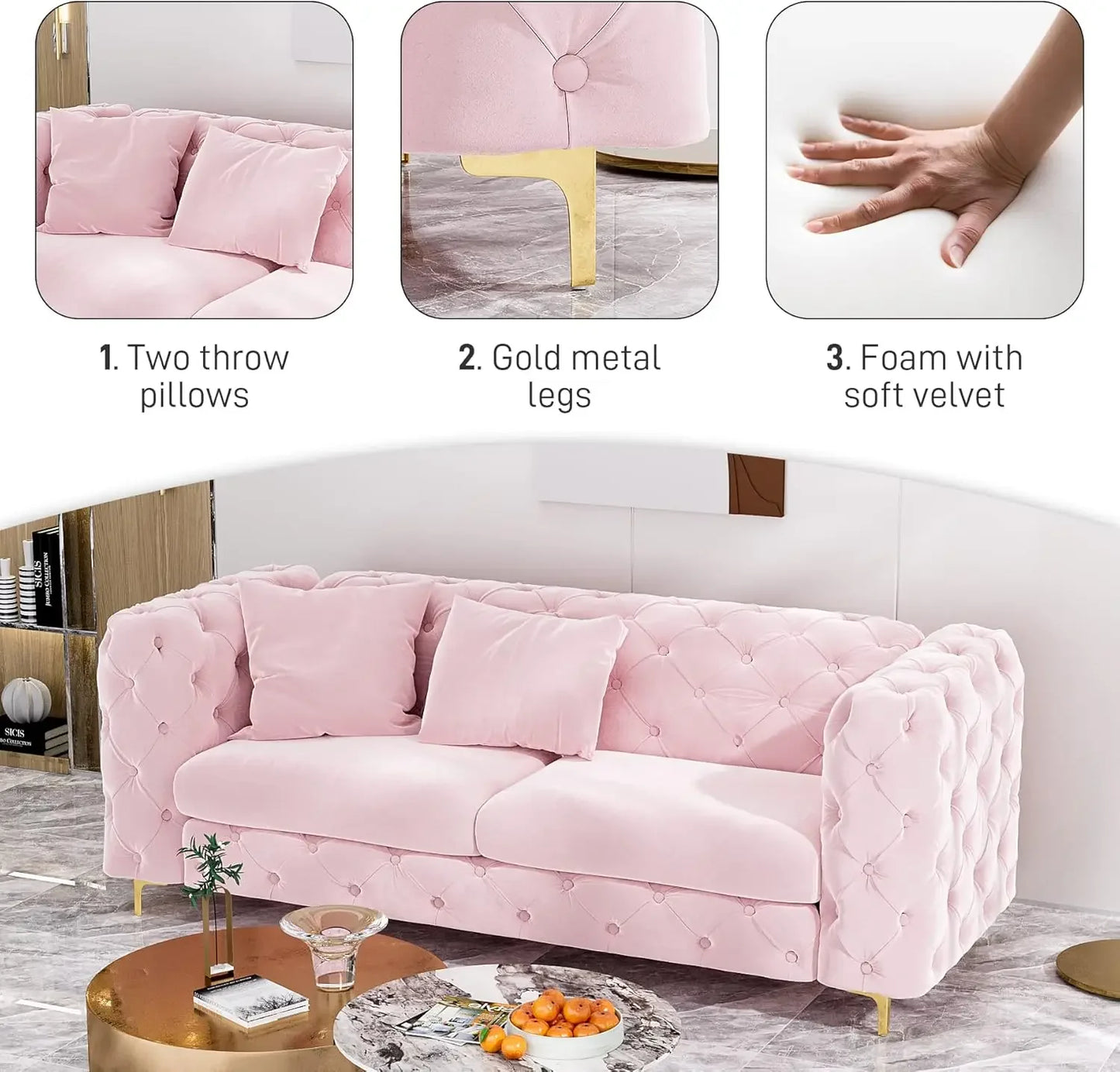 75" Long Upholstered Velvet Sofa For Living Room,