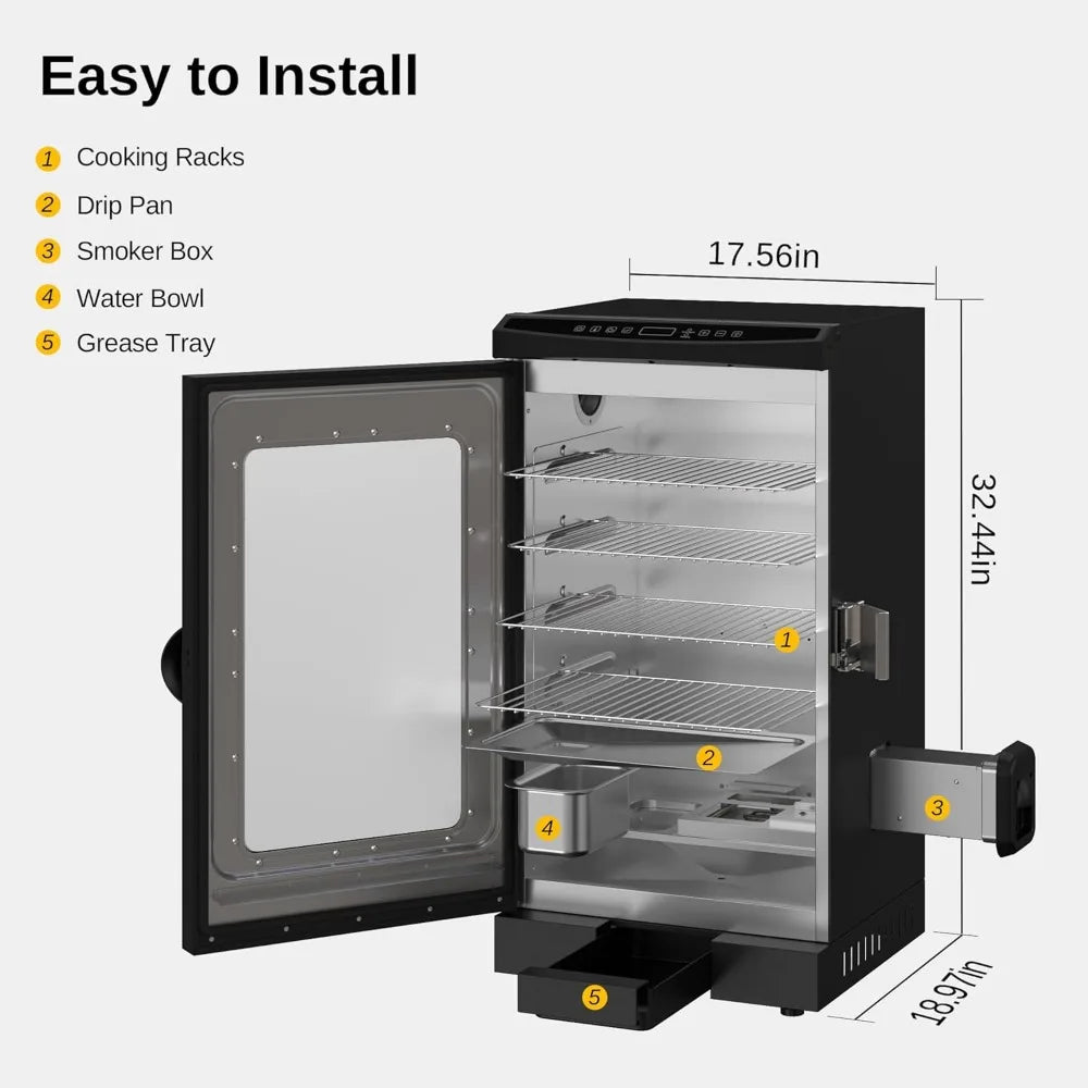 Digital Electric Outdoor Smoker, Glass Door, Meat Thermometer