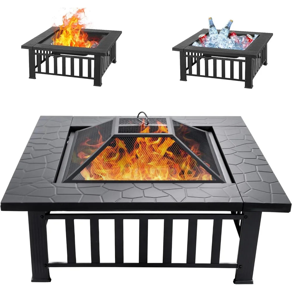 32" Square FirePit. 3-in-1 Table W/Spark Screen & Fire Poker