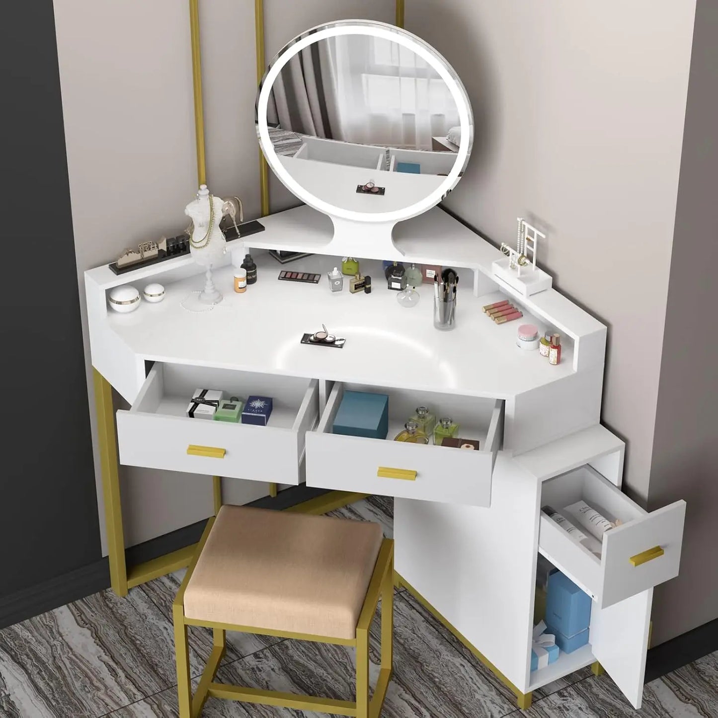 Vanity with Lighted Mirror, Drawers, Cabinet and Stool
Makeup Dressing Table with , , Girls Vanity De