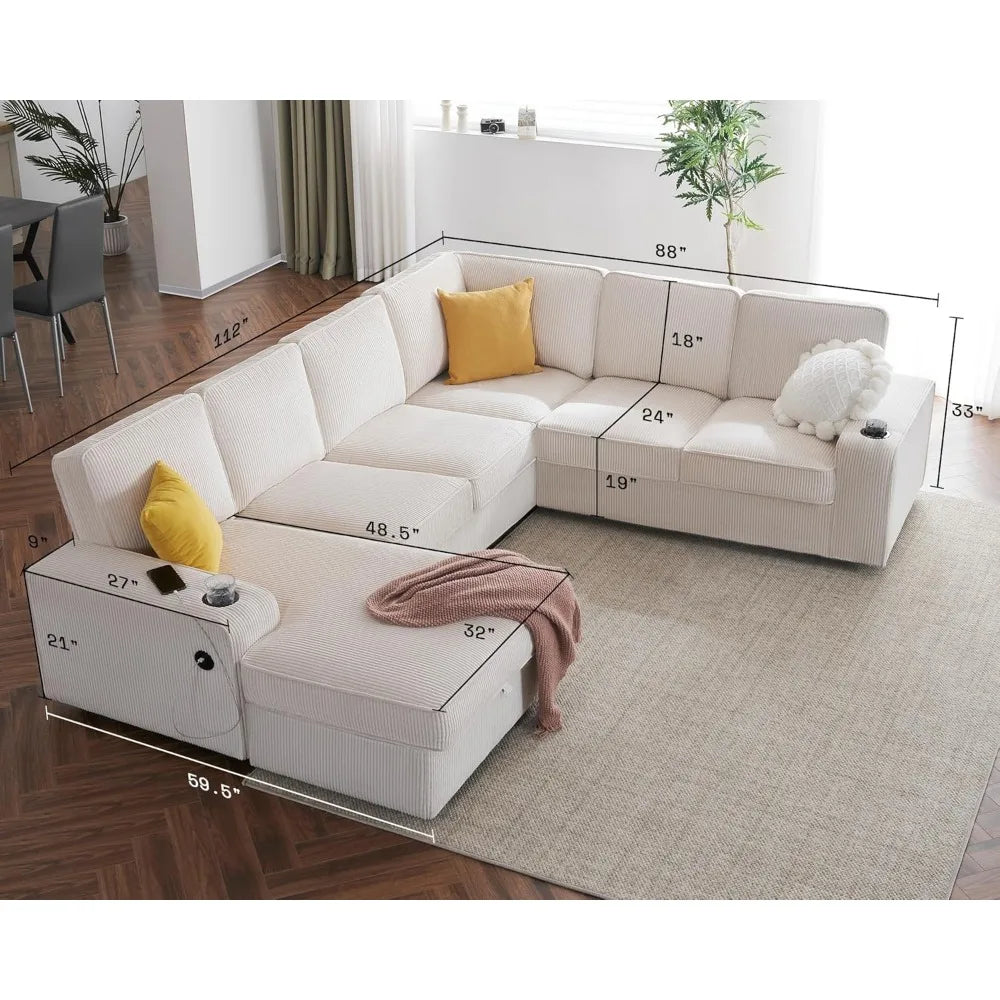 Beige Sectional Sofa Couch W/Storage Chaise Set